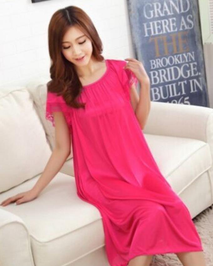 summer short sleeve sleepwear viscose lace long nightgown