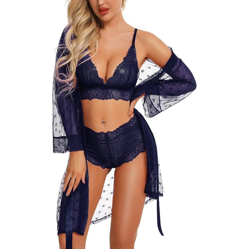 3 piece floral lace lingerie set with sheer mesh robe elegance allure & comforts