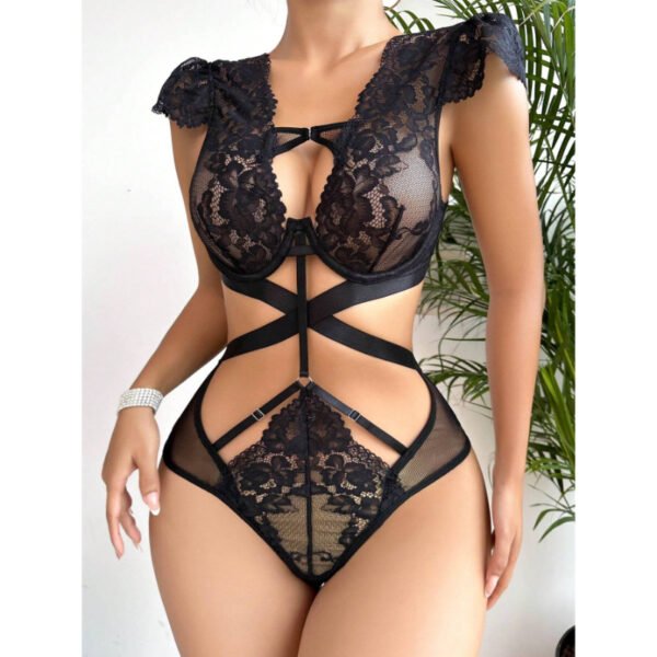 elegant lace cut out bodysuit with strappy details & plunge neckline