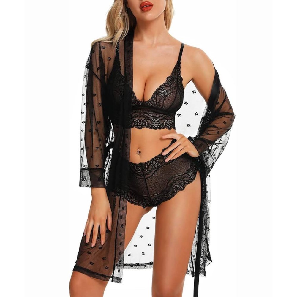 3 piece floral lace lingerie set with sheer mesh robe elegance allure & comforts