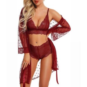 3 piece floral lace lingerie set with sheer mesh robe elegance allure & comforts