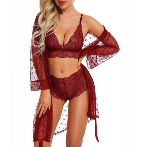 3 piece floral lace lingerie set with sheer mesh robe elegance allure & comforts