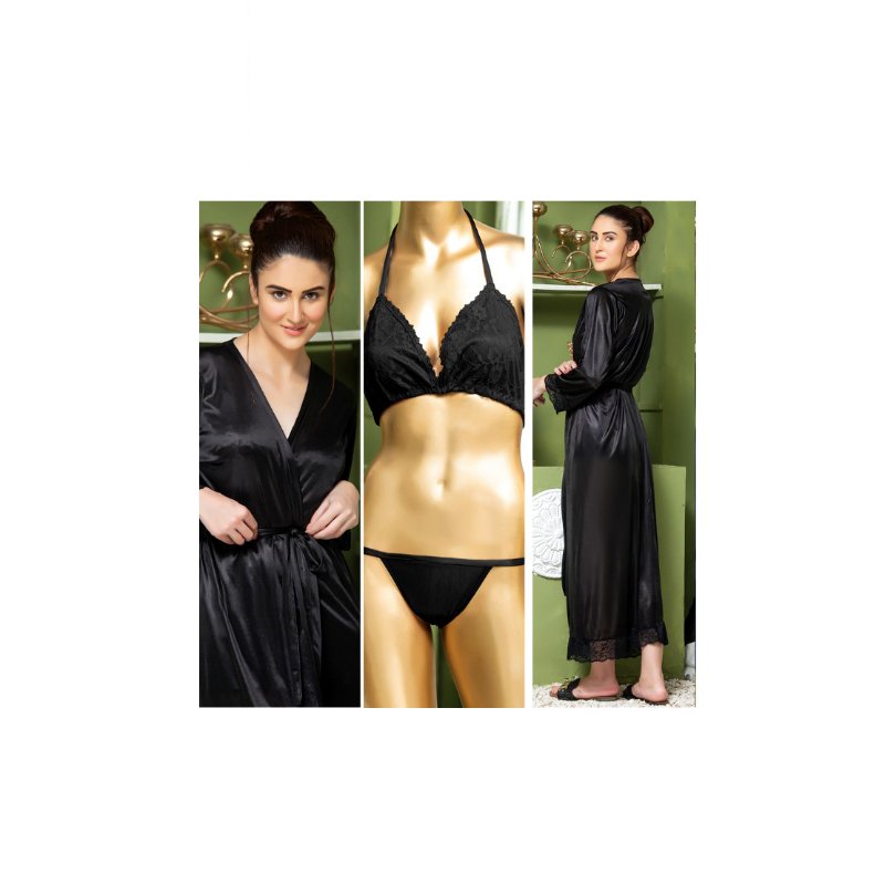 3 piece silk long bridal nighty set best honeymoon gown with bra and pant