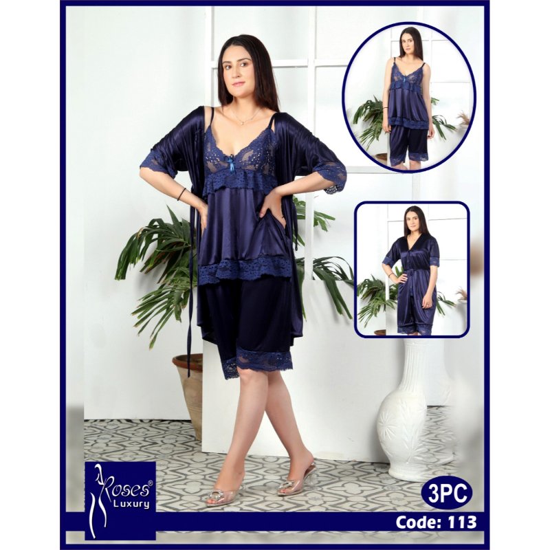 3 piece silk bridal short nighty set soft and comfortable women nightwear