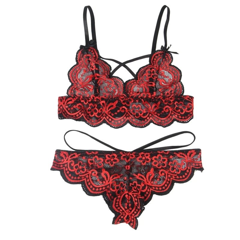 elegant two tone floral lace lingerie set with adjustable fit and thong panties