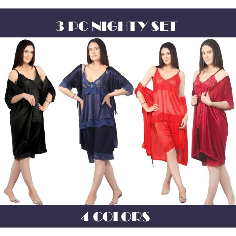 3 piece silk bridal short nighty set soft and comfortable women nightwear