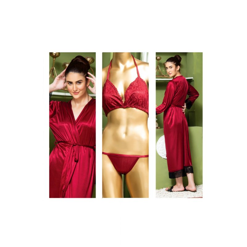 3 piece silk long bridal nighty set best honeymoon gown with bra and pant