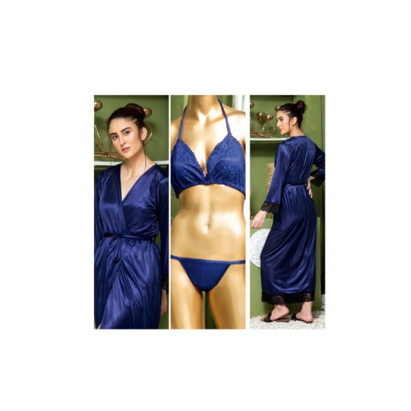 3 piece silk long bridal nighty set best honeymoon gown with bra and pant