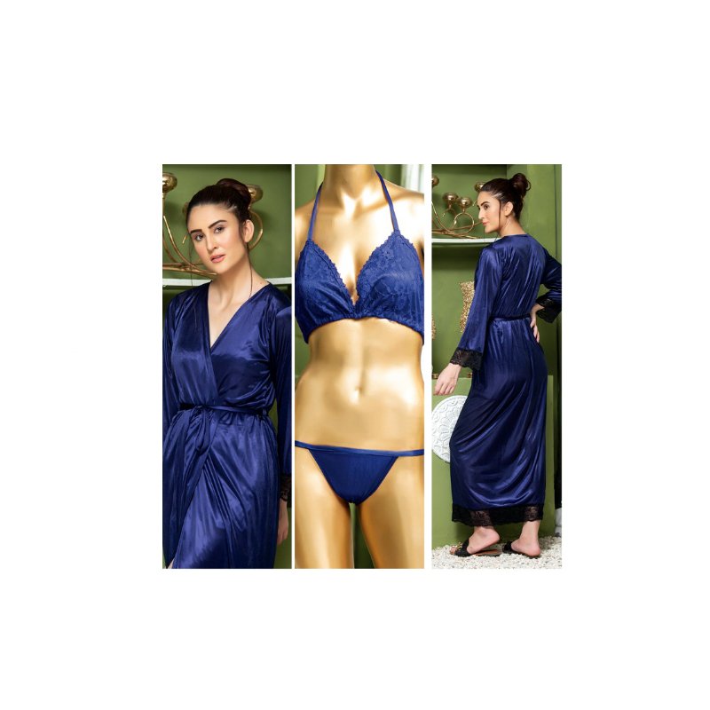 3 piece silk long bridal nighty set best honeymoon gown with bra and pant