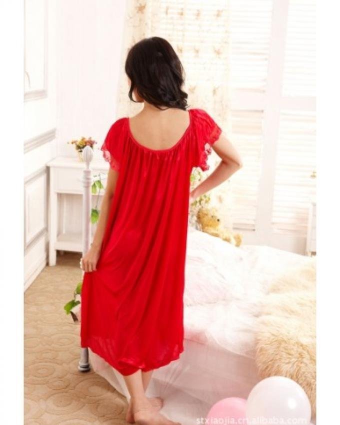 summer short sleeve sleepwear viscose lace long nightgown