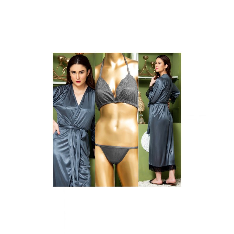 3 piece silk long bridal nighty set best honeymoon gown with bra and pant