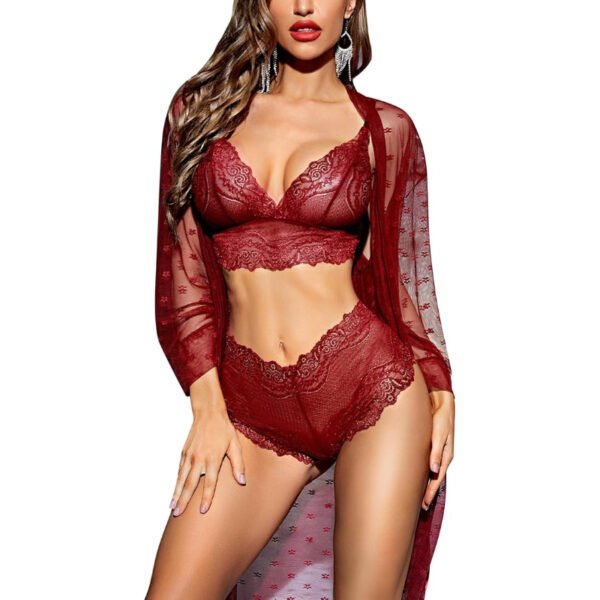 3 piece floral lace lingerie set with sheer mesh robe elegance allure & comforts