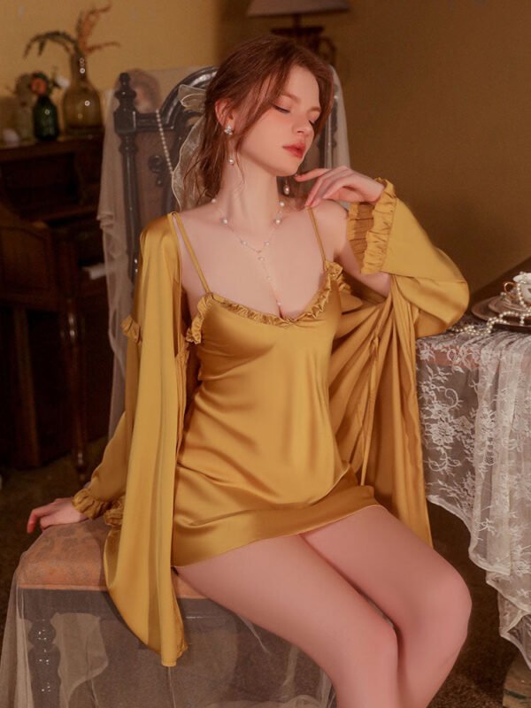 sweet & sexy satin lace nightgown robe ruffle edging babydoll nightdress lingerie set for women